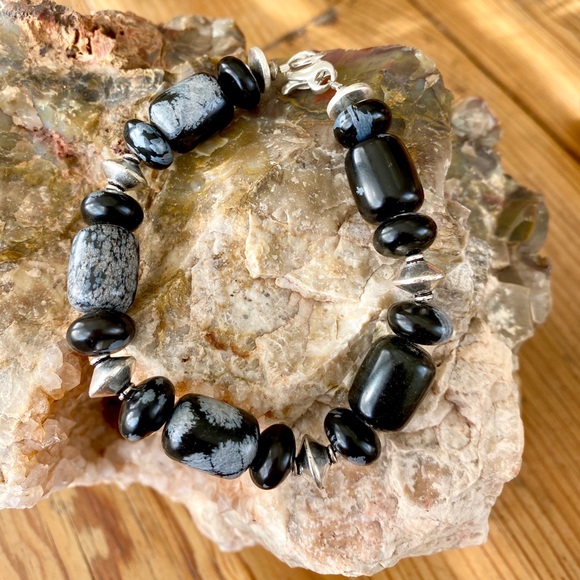 Snowflake obsidian and sterling silver bracelet - Picture 2 of 5